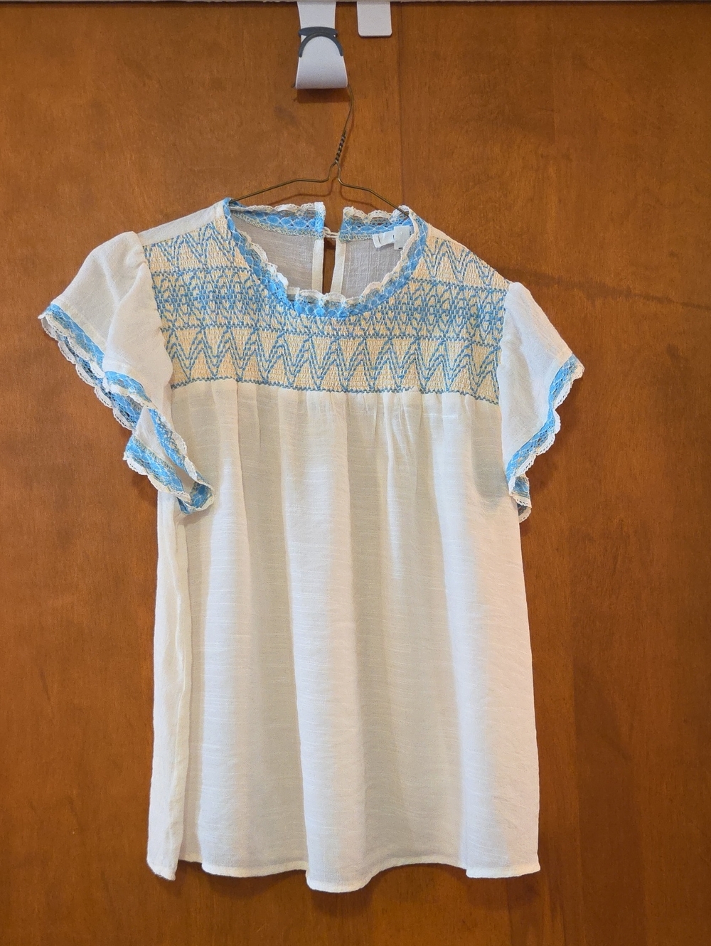 Mine Ivory Top with Light Blue Smocked Yoke M